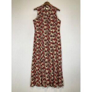 Vintage 90s Teddi Dresses Womens 14 Red Floral Button Front Rayon Maxi‎ Dress